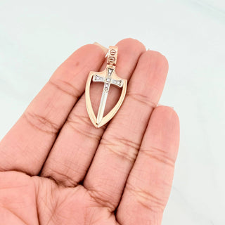 Dije Espada Escudo | Dos Oros Blanco Rosa 18K | 3.15 g | 3 cm