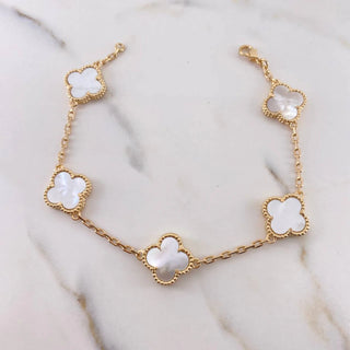 Pulso Aro Seguido Trebol | Oro Amarillo 18K | 14.15gr | 21cm | 2.1mm Nacar Blanco