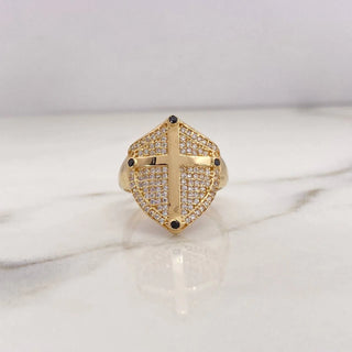 Anillo Escudo Cruz | Oro Amarillo 18K | 6.2gr | T9 | Circones Blancos Negros