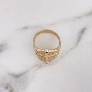 Anillo Escudo Cruz | Oro Amarillo 18K | 6.2gr | T9 | Circones Blancos Negros