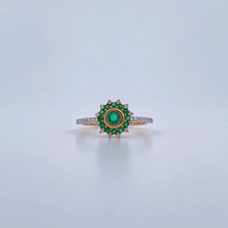 Anillo Flor Dalia | Dos Oros Amarillo Blanco 18K | 2.1gr | T5 1/4 | Esmeralda 21 Pts Diamante 21 Pts