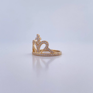 Anillo 15s Corona Corazon | Oro Amarillo 18K | 2.6gr | T4 3/4 | Circones Blancos