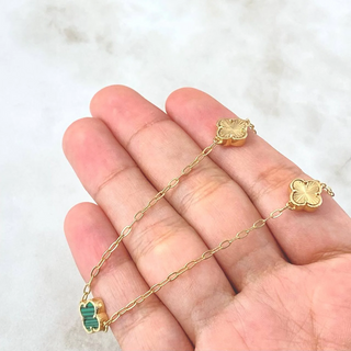 Cadena Cajón Trébol VCyA | Oro Amarillo Nac.Esp. | 7.9gr | 50cm | Malaquita Verde - Diamantado Liso