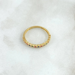 Anillo Ojos Carril Tupido Arcoiris | Oro Amarillo 18K | 1.8gr | T7 3/4 | Circones Multicolor