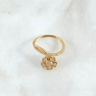 Anillo Flor Fugaz | Oro Amarillo 18K | 2.95gr | T7 1/2 | Circones Blancos Rosados
