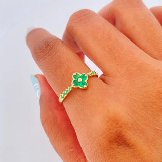 Anillo Floral Esmeraldas | Oro Amarillo 18K | 1.95gr | T8
