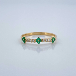 Anillo Trebol Mini Esmeraldas Diamantes | Oro Amarillo 18K | 0.9gr | T6 1/4