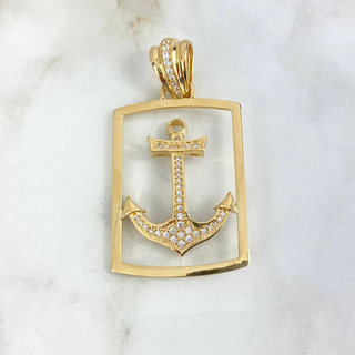 Dije Placa Silueta Ancla | Oro Amarillo | 19.65gr | 6.6cm | Circones Blancos