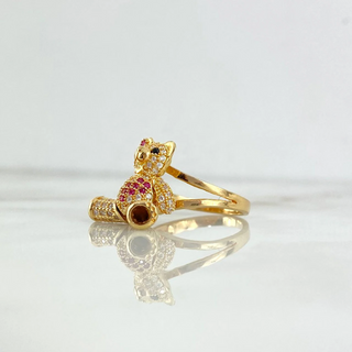 Anillo Oso Articulado Corazon | Oro Amarillo | 6.3gr | T5 1/2 | Circones Blancos Fucsias Ojos Negros