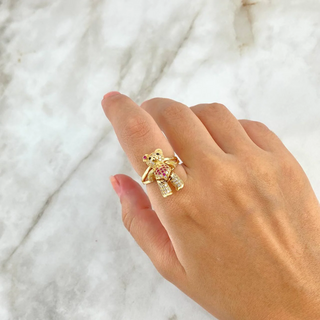 Anillo Oso Articulado Corazon | Oro Amarillo | 6.3gr | T5 1/2 | Circones Blancos Fucsias Ojos Negros