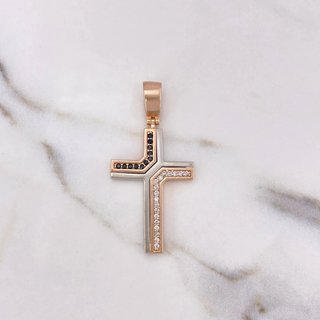 Dije Cruz | Dos Oros Blanco Rosa 18K | 10.25gr | 4.9cm | Circones Blancos Negros