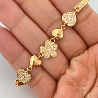 Pulso Reticulado Flor Corazones | Oro Amarillo 18K | 11.3gr | 18.6cm | 4mm