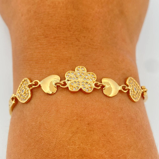 Pulso Reticulado Flor Corazones | Oro Amarillo 18K | 11.3gr | 18.6cm | 4mm