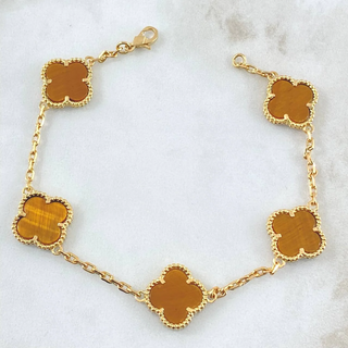 Pulso Aro Seguido Trébol VCyA | Oro Amarillo Nac.Esp. 18K | 14.3gr | 21.5cm | 3mm Ojo De Tigre Punteado