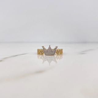 Anillo Corona Corazones | Dos Oros Amarillo Blanco 18K | 2.75gr | T7 | Circones Blancos