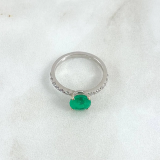 Anillo Solitario Redondo | Oro Blanco 18K | 2.25gr | T6 1/2 | Esmeralda 1.34Qts Diamantes 24pts