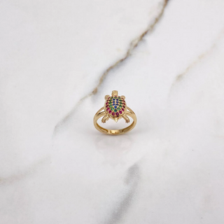 Anillo Tortuga | Oro Amarillo | 4gr | T5 1/2 | Articulado Circones Fucsias Verdes Azules