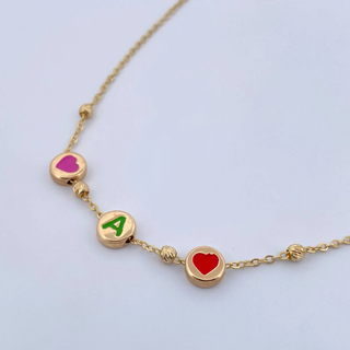 Cadena Aro Seguido Letra A Corazones | Oro Amarillo 18K | 3.6gr | 46.7cm | 3mm Bolas Diamantadas Rosado Verde Rojo