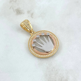 Dije Medalla Corona RX | Tres Oros 18K | 8.05gr | 3.5cm | Circones Blancos