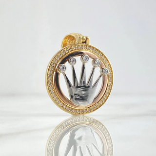 Dije Medalla Corona RX | Tres Oros 18K | 8.05gr | 3.5cm | Circones Blancos