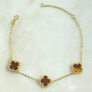 Pulso Aro Seguido Trebol VCyA Punteado | Oro Amarillo Nac.Esp. 18K | 4.45gr | 16cm-19cm | 1.5mm Graduable Cuarzo Ojo de Tigre