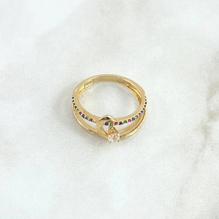 Anillo Solitario Ola Paralela | Oro Amarillo 18K | 2.65gr | T6 | Circones Multicolor