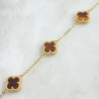 Pulso Aro Seguido Trebol VCyA Punteado | Oro Amarillo Nac.Esp. 18K | 4.45gr | 16cm-19cm | 1.5mm Graduable Cuarzo Ojo de Tigre