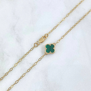 Cadena Cajón Trébol VCyA | Oro Amarillo Nac.Esp. | 7.9gr | 50cm | Malaquita Verde - Diamantado Liso