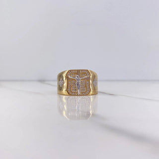 Anillo Cruz Cristo | Dos Oros Amarillo Blanco | 8.35gr | T10 1/4 | Circones Blancos