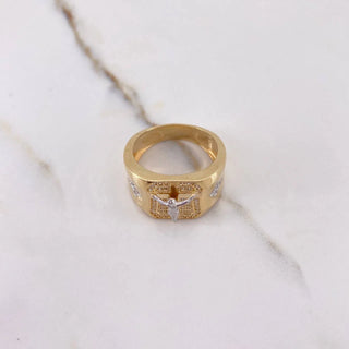 Anillo Cruz Cristo | Dos Oros Amarillo Blanco | 8.35gr | T10 1/4 | Circones Blancos