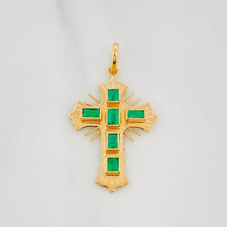 Dije Cruz Plana Esmeraldas | Oro Amarillo 18K | 60Pts | 2 g | 3.2 cm