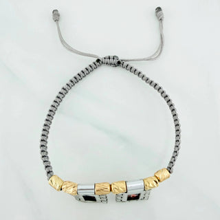 Pulsera Tejida Gris Escapulario Cilindros Diamantados | Oro Amarillo 18K | 6 Und