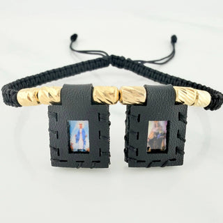 Pulsera Tejida Negra Escapulario Cilindros Diamantados | Oro Amarillo 18K | 6Und