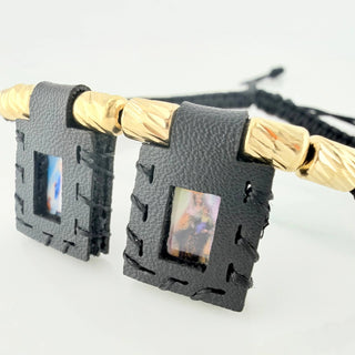 Pulsera Tejida Negra Escapulario Cilindros Diamantados | Oro Amarillo 18K | 6Und