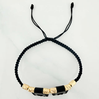Pulsera Tejida Negra Escapulario Cilindros Diamantados | Oro Amarillo 18K | 6Und