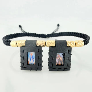 Pulsera Tejida Negra Escapulario Cilindros Diamantados | Oro Amarillo 18K | 6Und