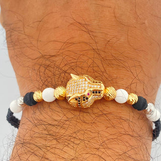 Pulsera Tejida Negra Pantera | Dos Oros Amarillo Blanco 18K | 6.05gr