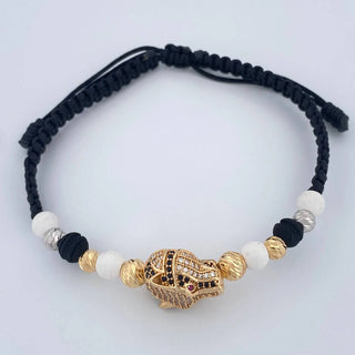 Pulsera Tejida Negra Pantera | Dos Oros Amarillo Blanco 18K | 6.05gr