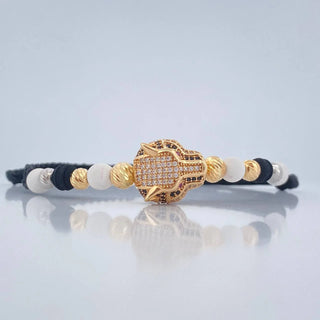 Pulsera Tejida Negra Pantera | Dos Oros Amarillo Blanco 18K | 6.05gr